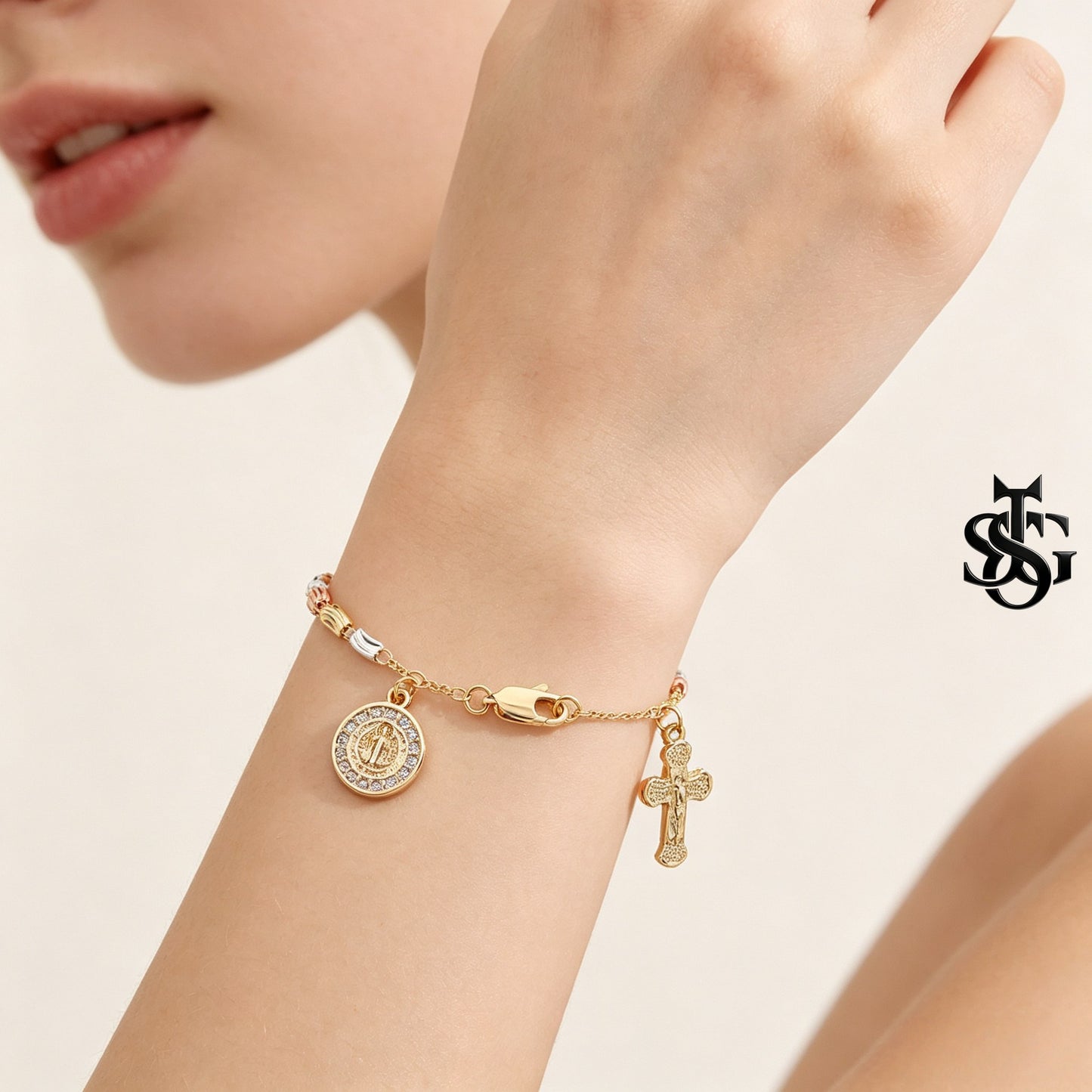 Handmade Guadalupe Faith Bracelet | Cross & Virgin Mary Charm | Tricolor Gold Plated