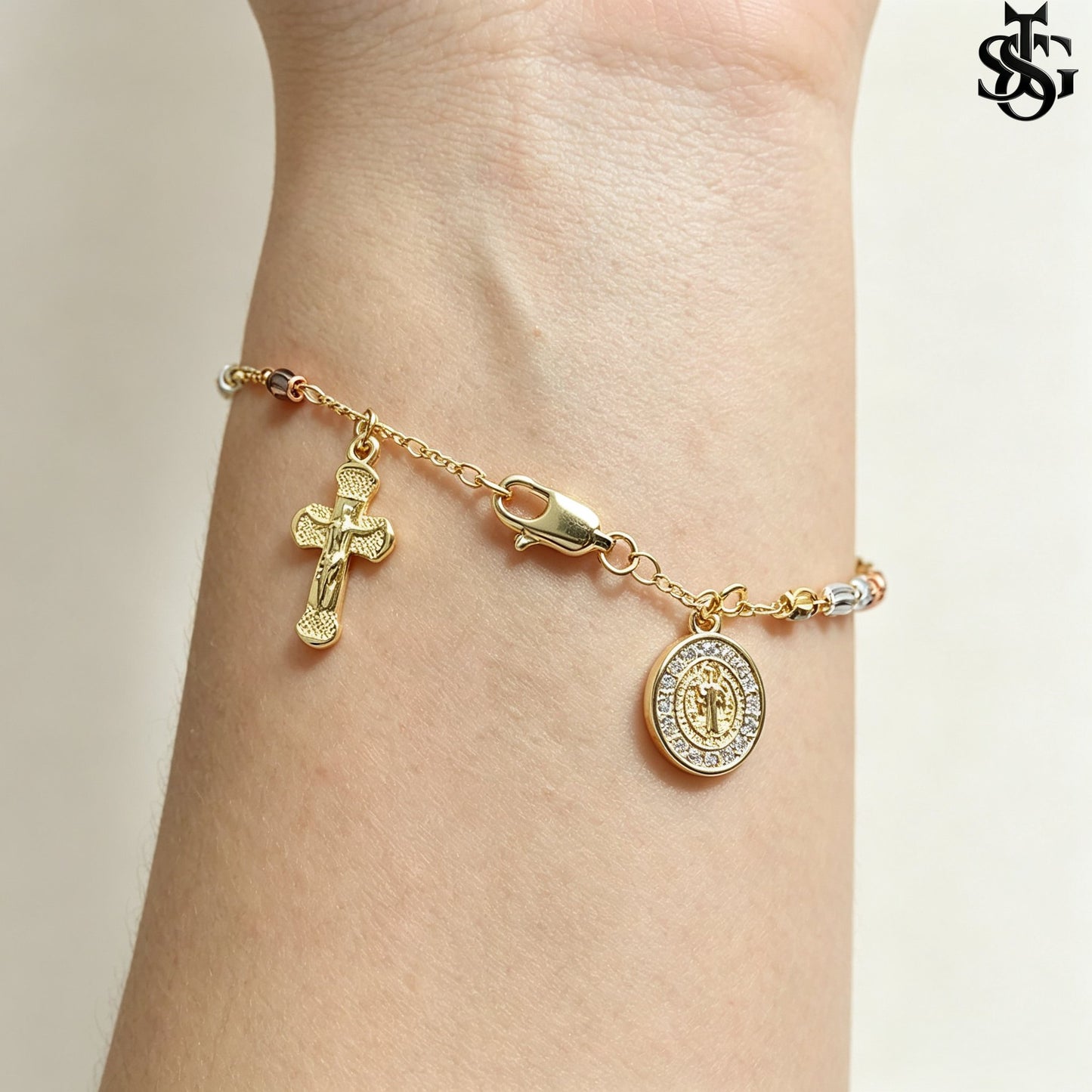 Handmade Guadalupe Faith Bracelet | Cross & Virgin Mary Charm | Tricolor Gold Plated