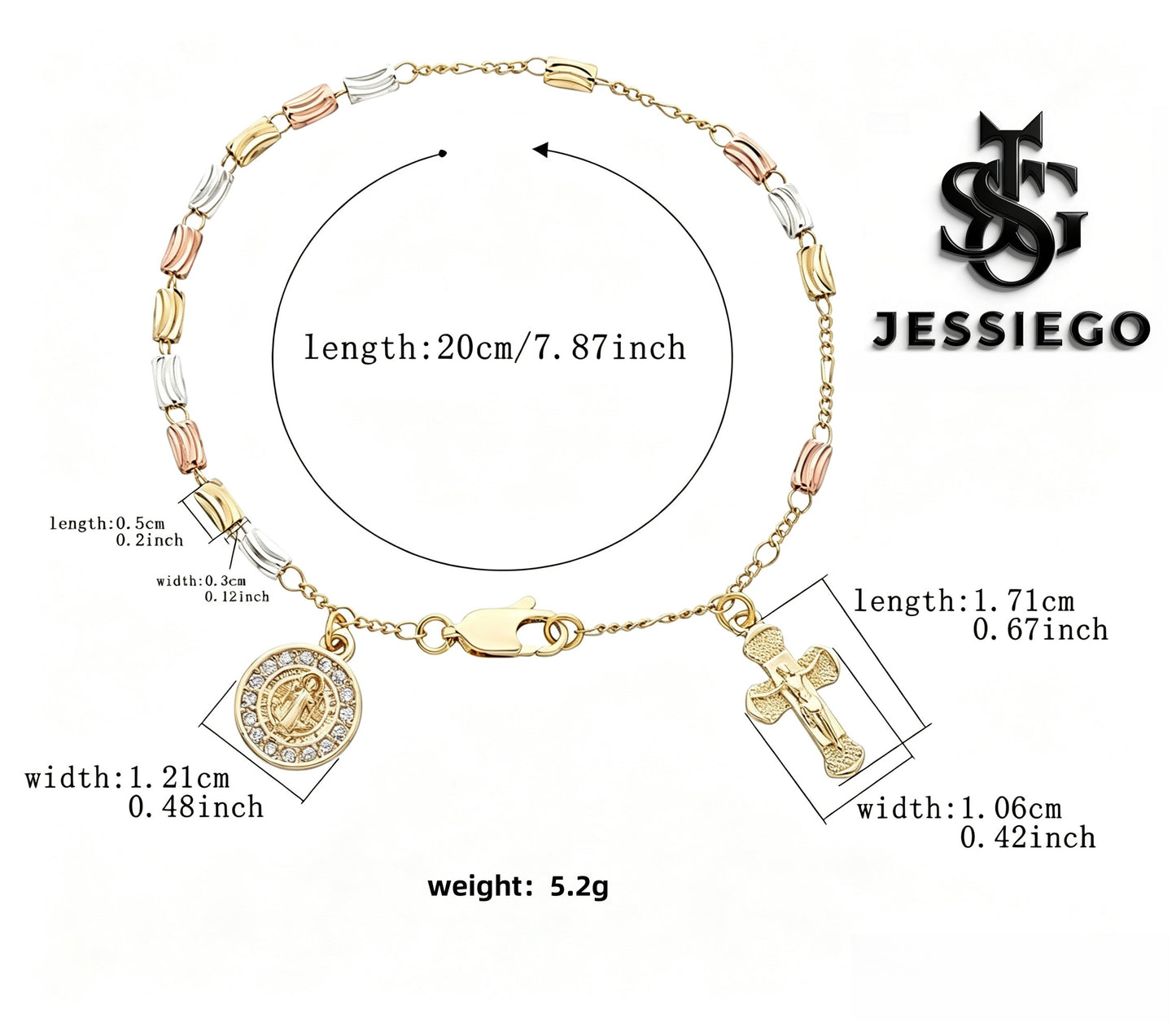 Handmade Guadalupe Faith Bracelet | Cross & Virgin Mary Charm | Tricolor Gold Plated