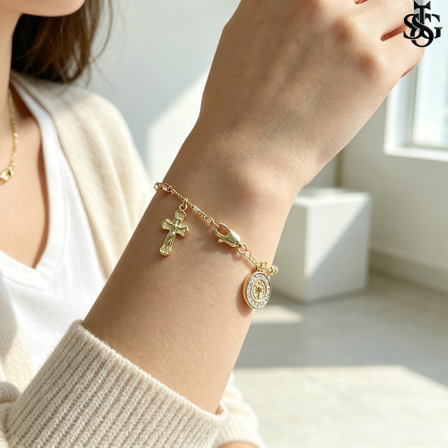 Handmade Guadalupe Faith Bracelet | Cross & Virgin Mary Charm | Tricolor Gold Plated