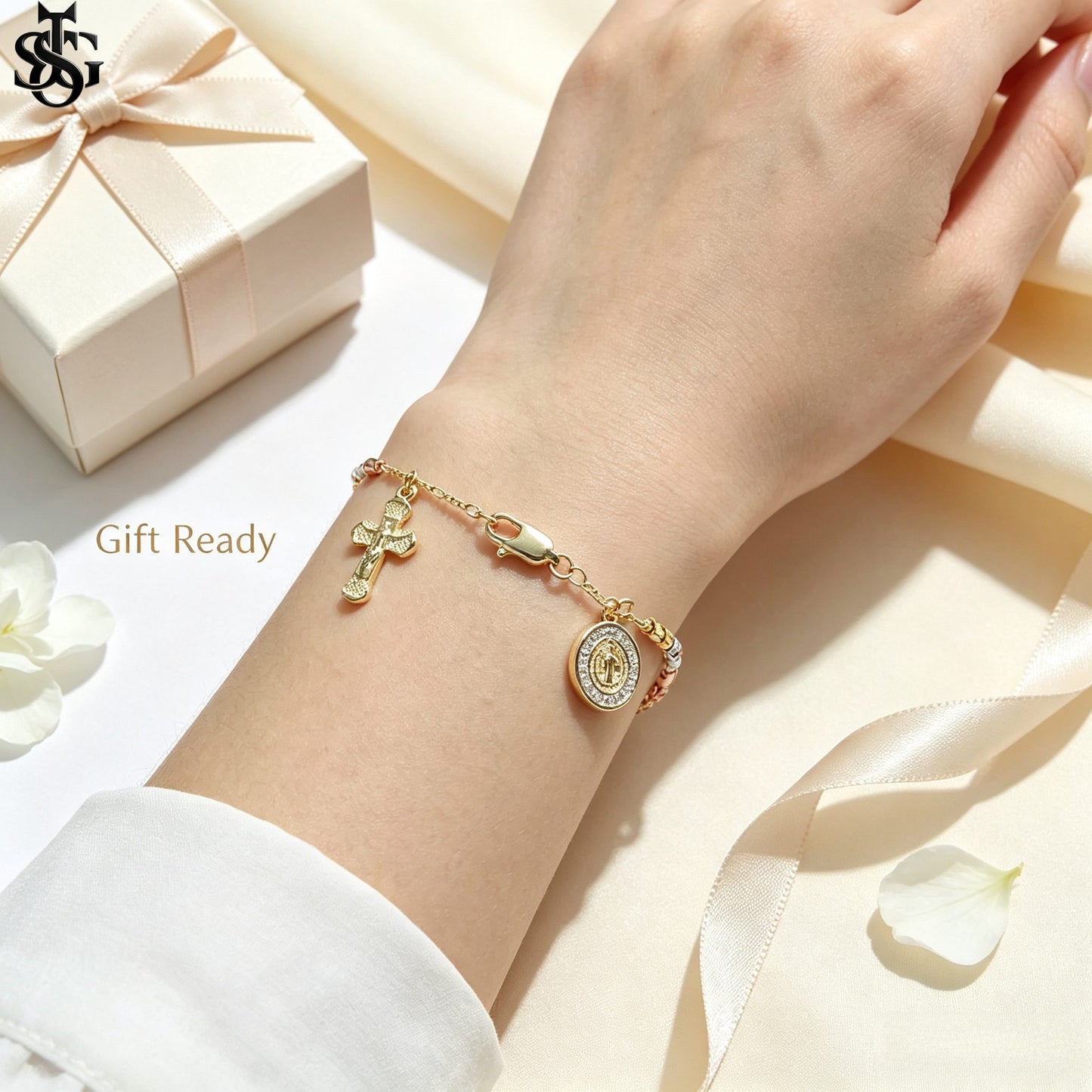 Handmade Guadalupe Faith Bracelet | Cross & Virgin Mary Charm | Tricolor Gold Plated