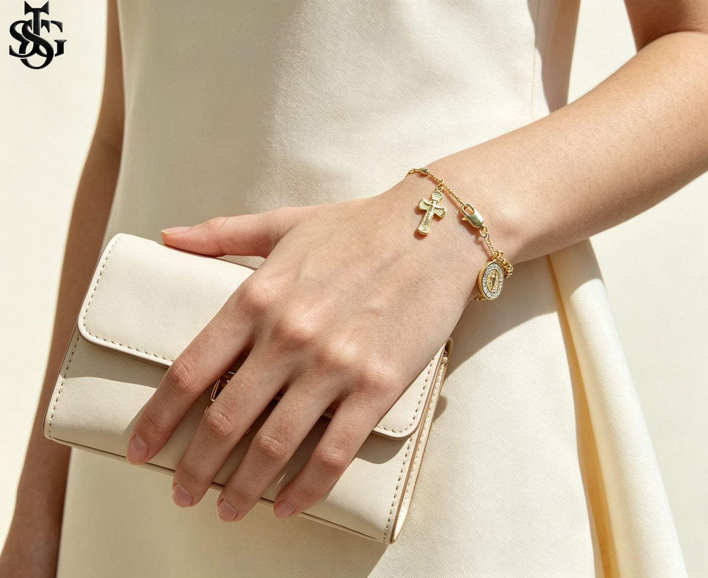 Handmade Guadalupe Faith Bracelet | Cross & Virgin Mary Charm | Tricolor Gold Plated