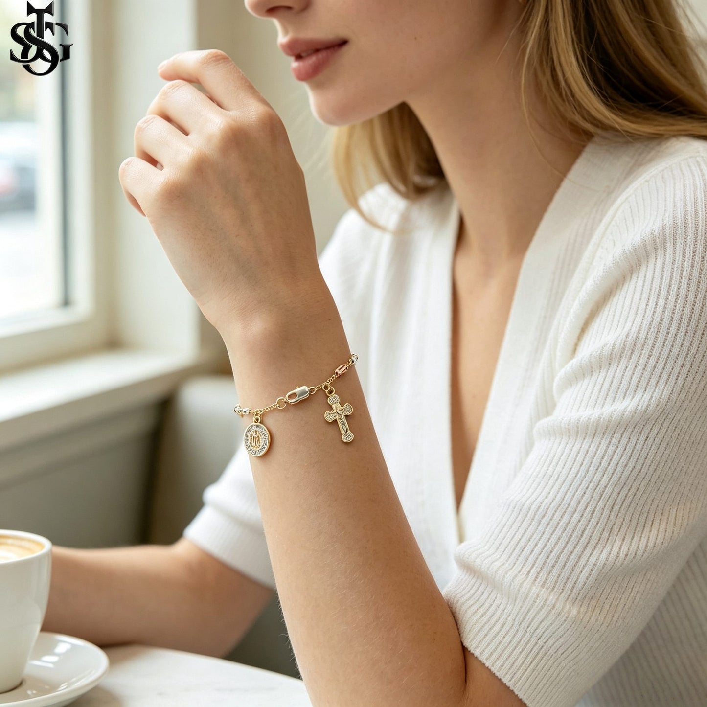 Handmade Guadalupe Faith Bracelet | Cross & Virgin Mary Charm | Tricolor Gold Plated