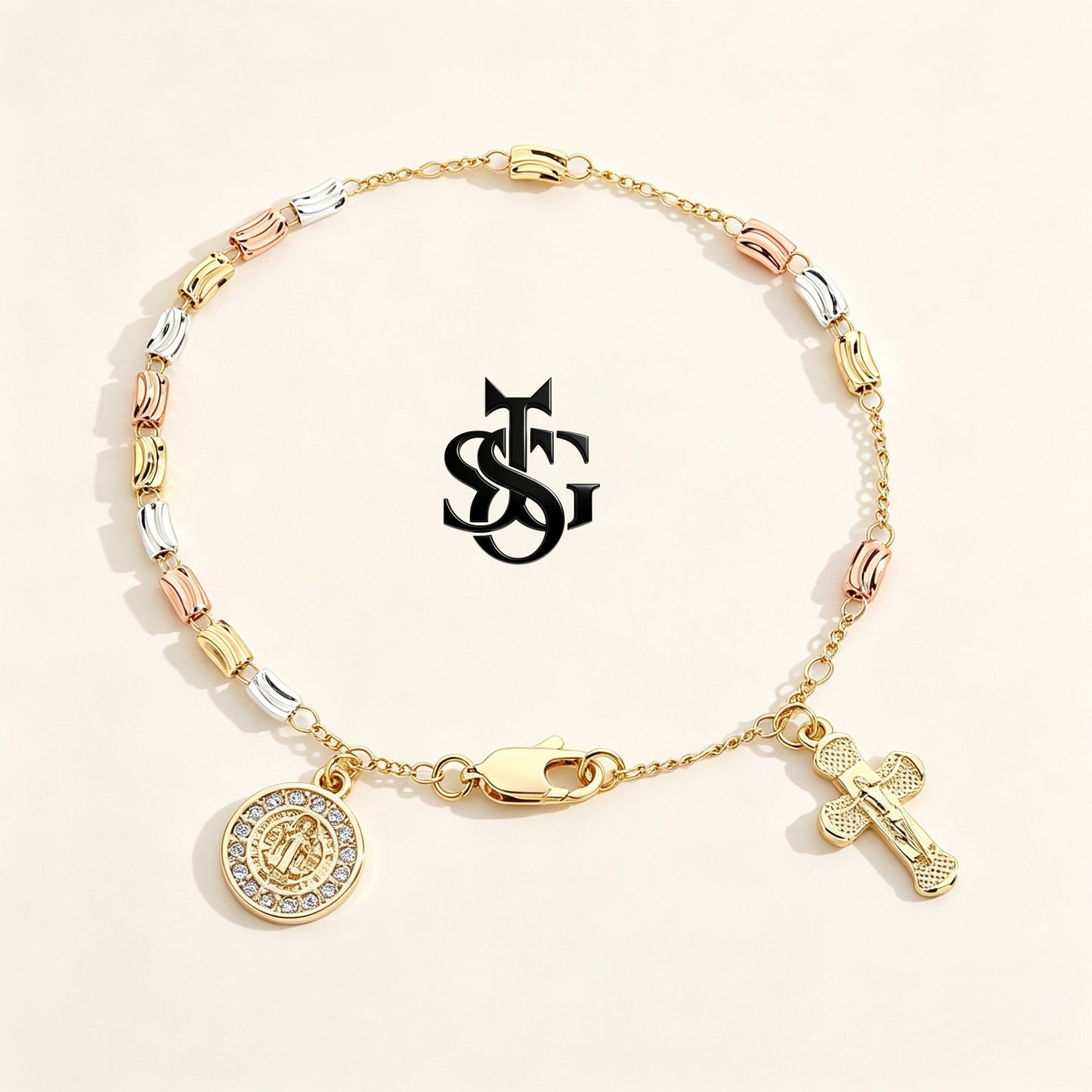 Handmade Guadalupe Faith Bracelet | Cross & Virgin Mary Charm | Tricolor Gold Plated