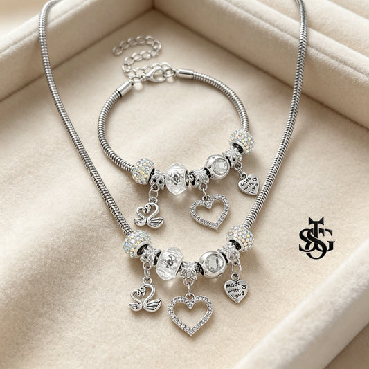 Silver Swan Heart Charm Necklace & Bracelet – Y2K Cute Jewelry Set, Gift for Girlfriend