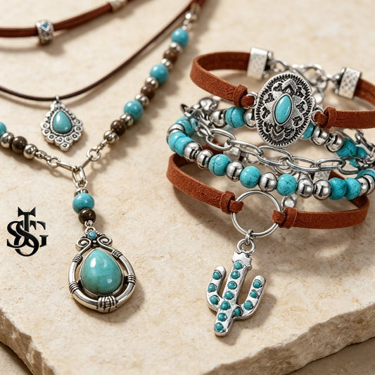 Boho Turquoise Jewelry Set – Boho Style Layered Necklace, Bracelet & Earrings Gift Set