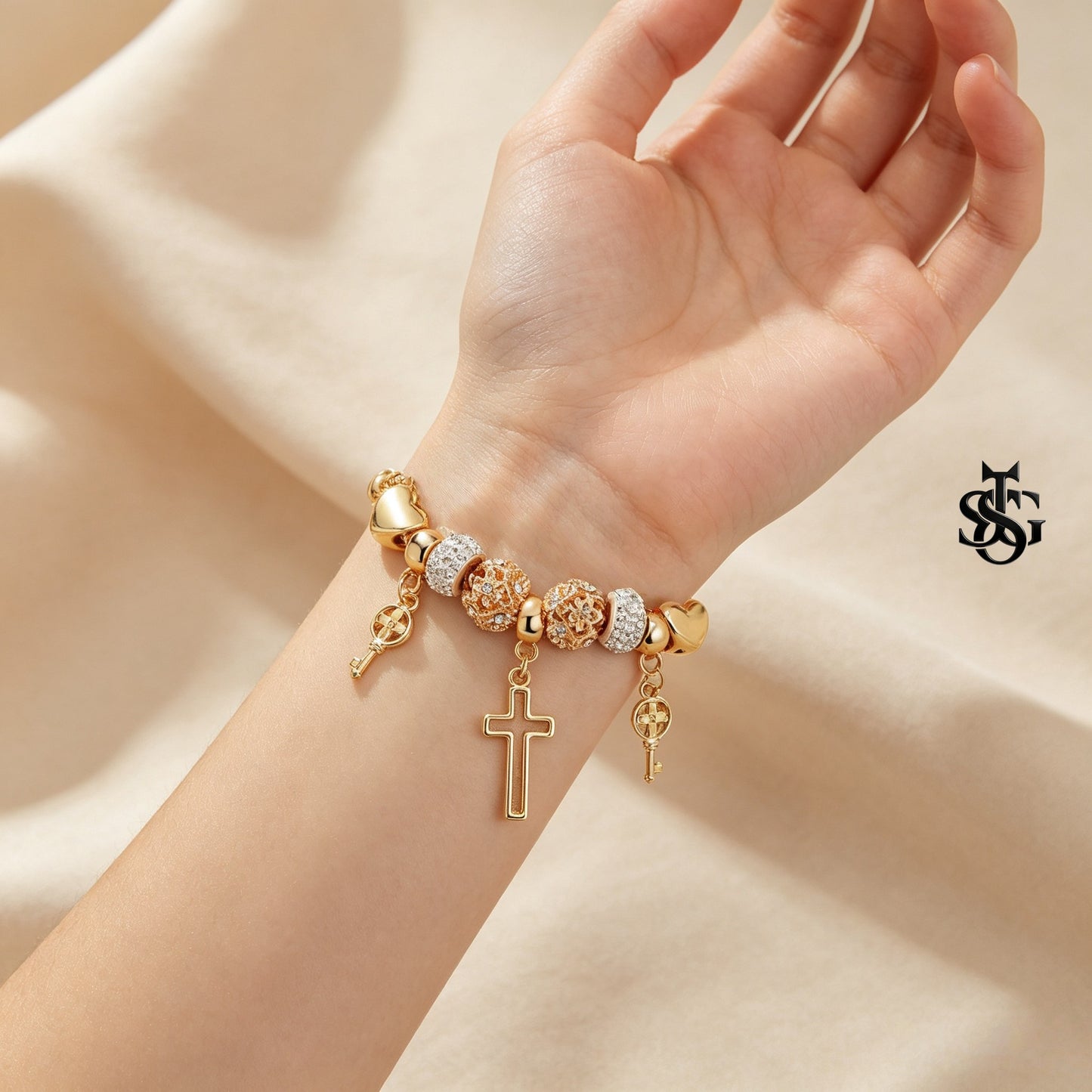 Women's Gold Cross & Heart Charm Bracelet | Crystal Floral Beaded Jewelry